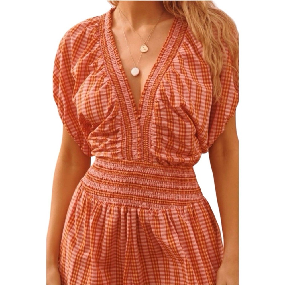 Anthropologie Pink Orange Gingham Smocked Open Back Romper OB1317707 Large